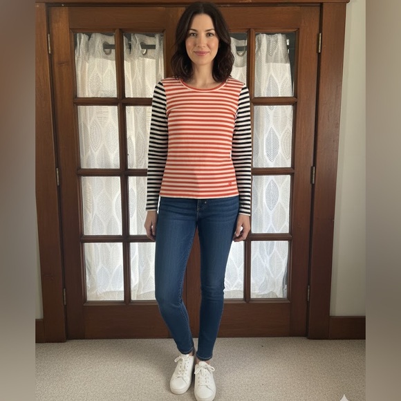 Tory Burch Orange Navy White Striped Long Sleeve Tee with elbow patches - Picture 1 of 7